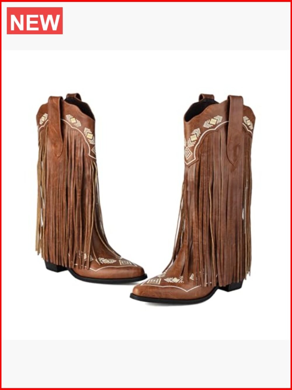 Embroidered Fringe Cowboy Boots, Mid Calf Pull On Chunky Block Heel Pointed Toe - Picture 6 of 7